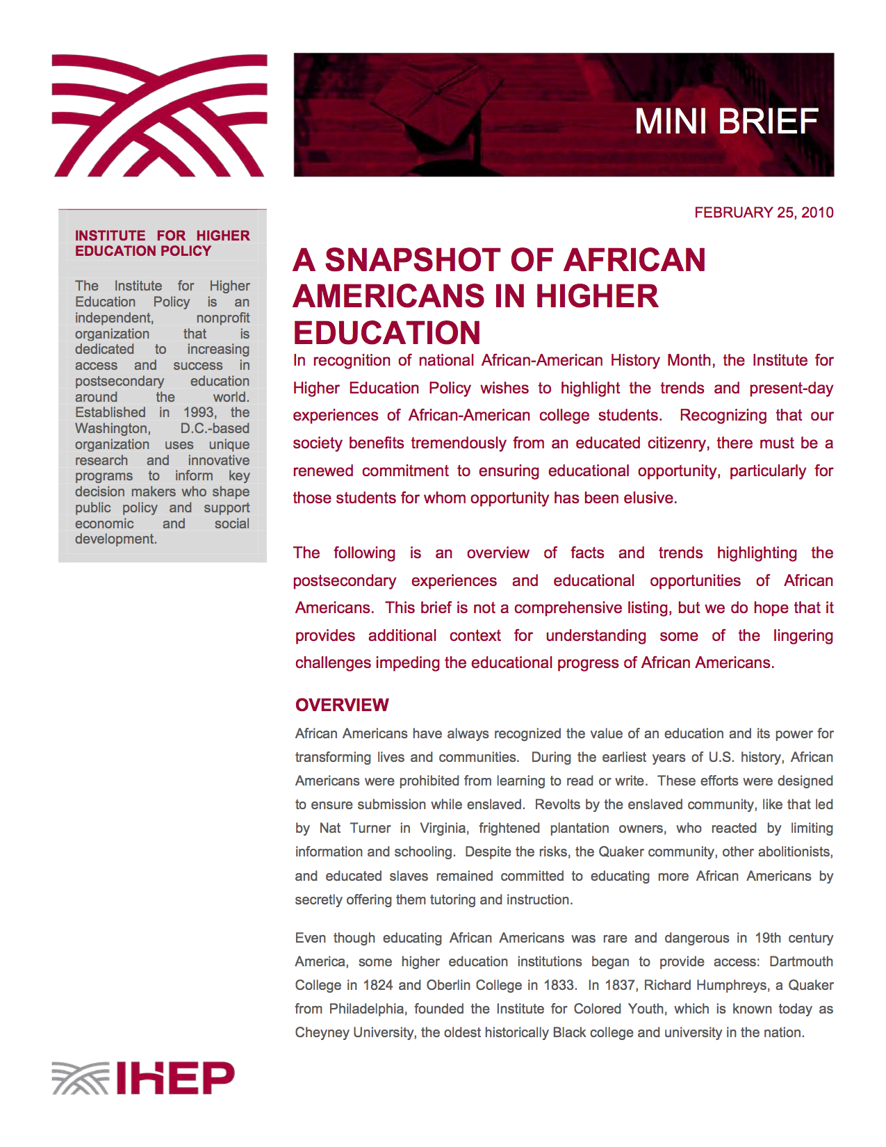 A Snapshot of African Americans in Higher Education - IHEP