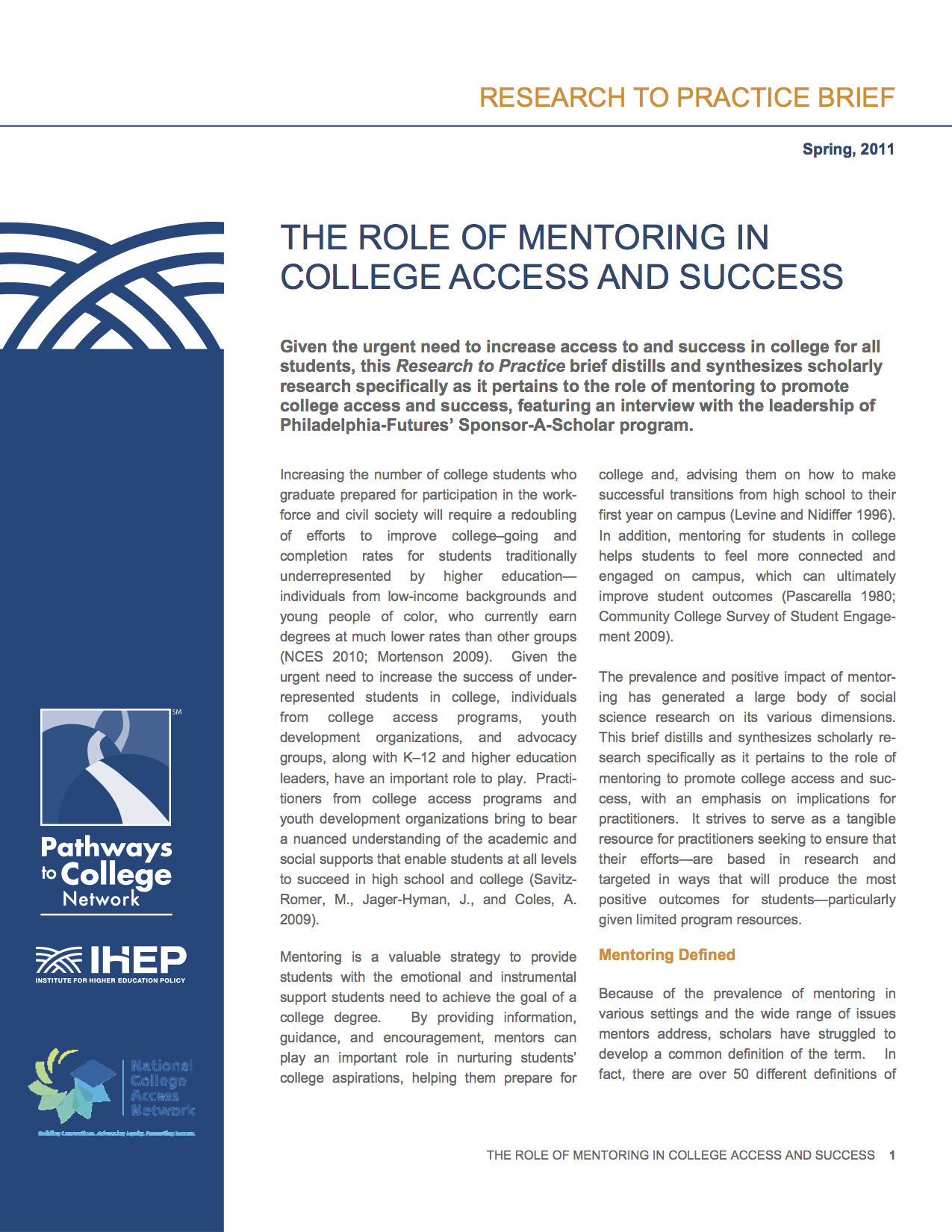 The Role of Mentoring in College Access and Success - IHEP