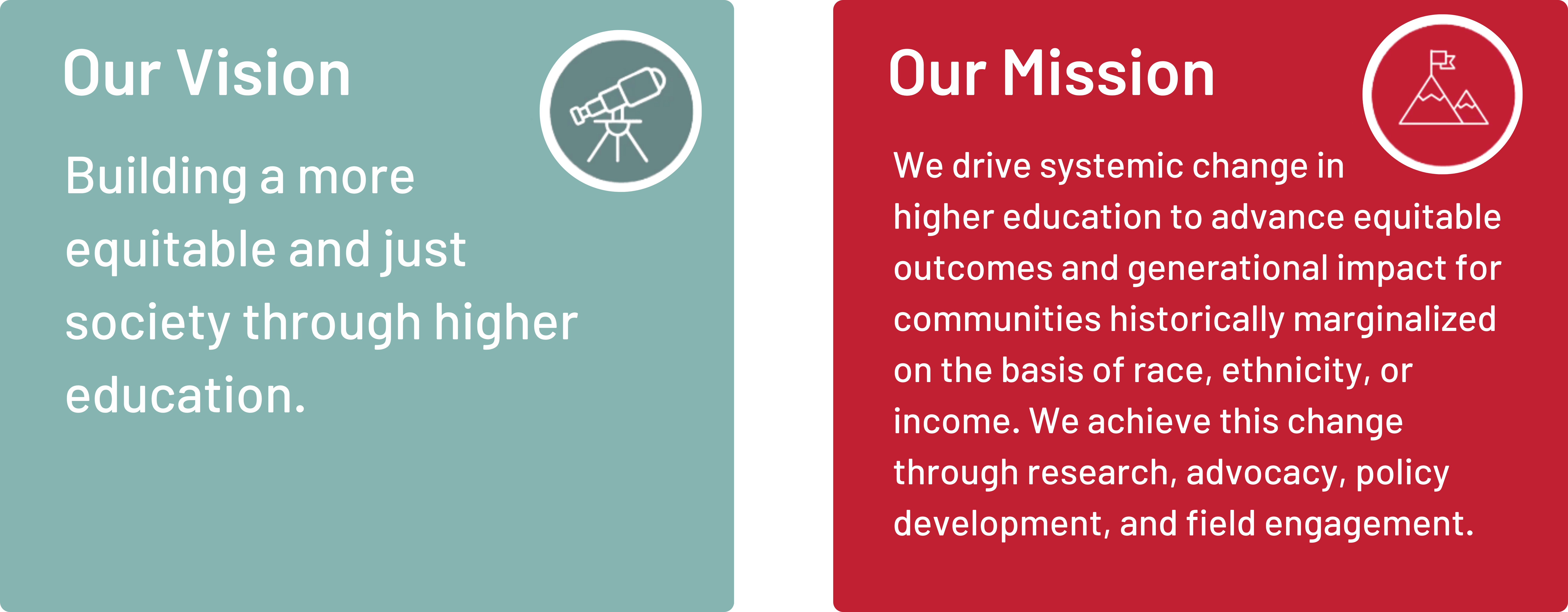 Our Vision: Building a more just and equitable society through higher education
Our Mission: We drive systemic change in higher education to advance equitable outcomes and generational impact for communities historically marginalized on the basis of race, ethnicity, or income. We achieve this change through research, advocacy, policy development, and field engagement.