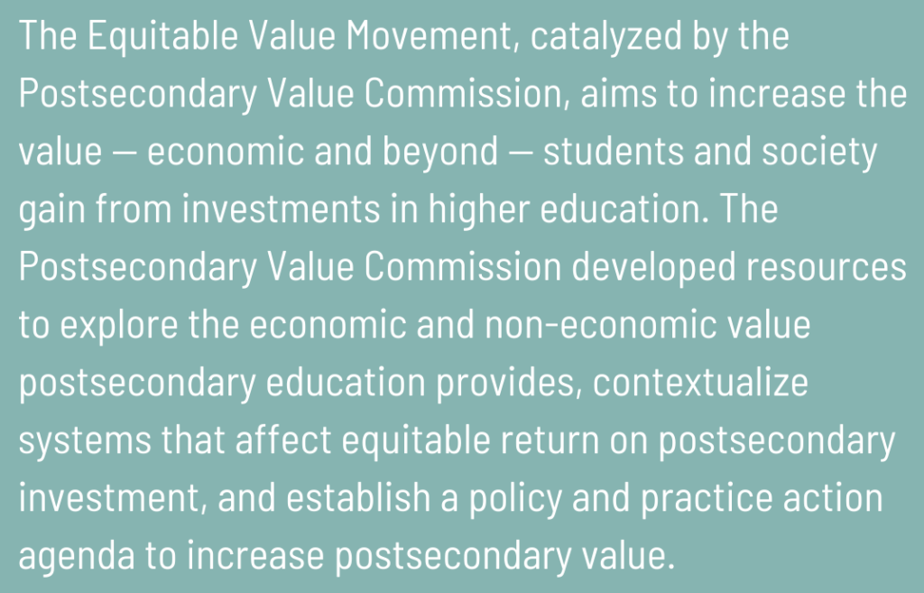 The Equitable Value Movement, catalyzed by the Postsecondary Value Commission, aims to increase the value — economic and beyond — students and society gain from investments in higher education. The Postsecondary Value Commission developed resources to explore the economic and non-economic value postsecondary education provides, contextualize systems that affect equitable return on postsecondary investment, and establish a policy and practice action agenda to increase postsecondary value. 