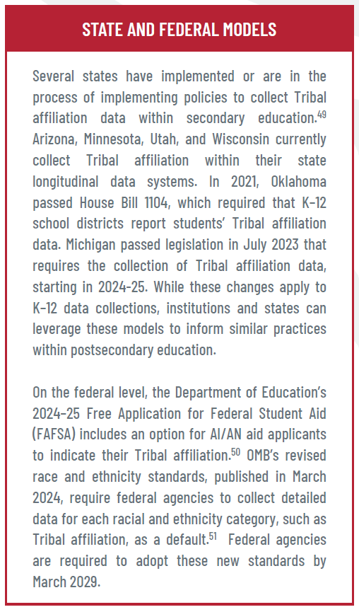 Several states have implemented or are in the process of implementing policies to collect Tribal affiliation data within secondary education. Arizona, Minnesota, Utah, and Wisconsin currently collect Tribal affiliation within their state longitudinal data systems. In 2021, Oklahoma passed House Bill 1104, which required that K–12 school districts report students’ Tribal affiliation data. Michigan passed legislation in July 2023 that requires the collection of Tribal affiliation data, starting in 2024-25. While these changes apply to K–12 data collections, institutions and states can leverage these models to inform similar practices within postsecondary education. On the federal level, the Department of Education’s 2024–25 Free Application for Federal Student Aid (FAFSA) includes an option for AI/AN aid applicants to indicate their Tribal affiliation. OMB’s revised race and ethnicity standards, published in March 2024, require federal agencies to collect detailed data for each racial and ethnicity category, such as Tribal affiliation, as a default. Federal agencies are required to adopt these new standards by March 2029.